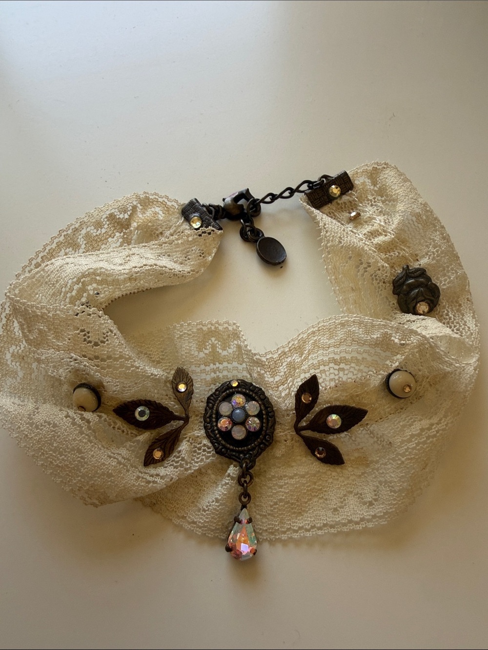 Vintage-Inspired Cream Lace Choker Necklace Crystal Teardrop Linda Lacrosse